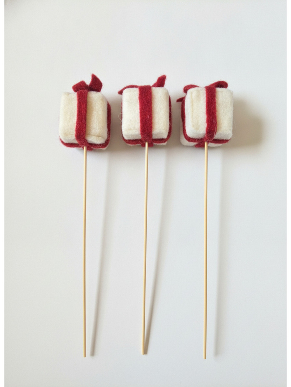 Handcrafted Wool Felt Gift Box Ornament on Stick, Set of 3